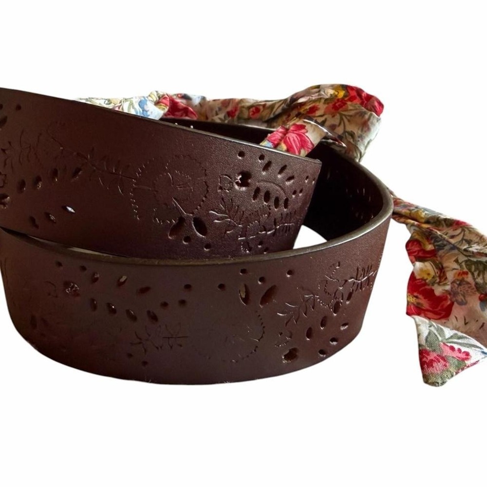 cottagecore brown floral eyelet leather ribbon tie belt l/xl - Picture 2 of 8